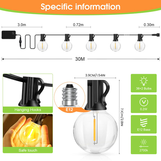 30M Outdoor String Lights G40 LED Festoon Fairy Patio Garland Lamp Wedding Street Camping Garden Birthday Party Decoration Light