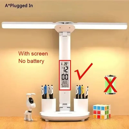 180° Rotating LED Desk Lamp – Rechargeable, Dimmable, Foldable Clock Light, Eye Protection, USB-Powered Night Lamp
