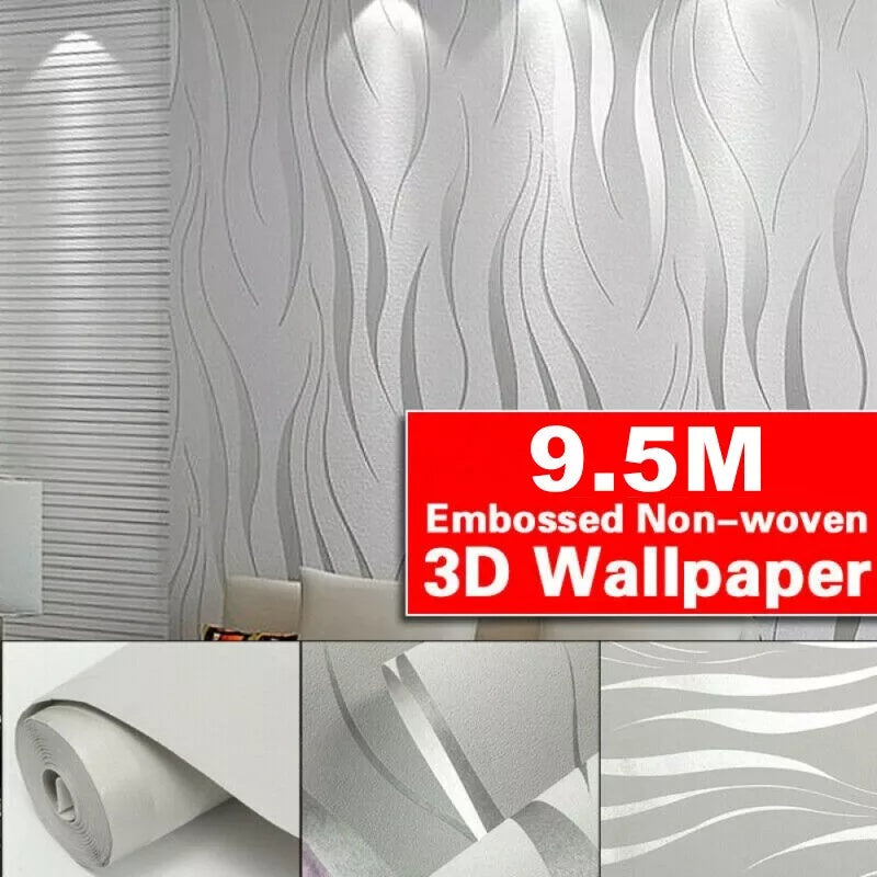 Silbergrau 3D geprägte Wellentapete Vlies Wohnzimmer Wanddekor