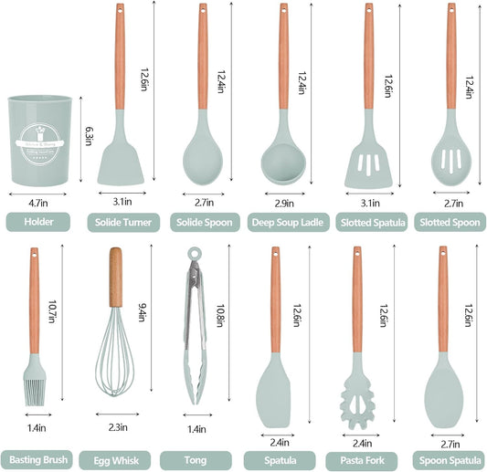 Ensemble d'ustensiles de cuisine en silicone 12 pièces avec poignées en bois – Ustensiles de cuisine résistants à la chaleur et antiadhésifs comprenant des pinces, une spatule, une cuillère et un support – Passe au lave-vaisselle
