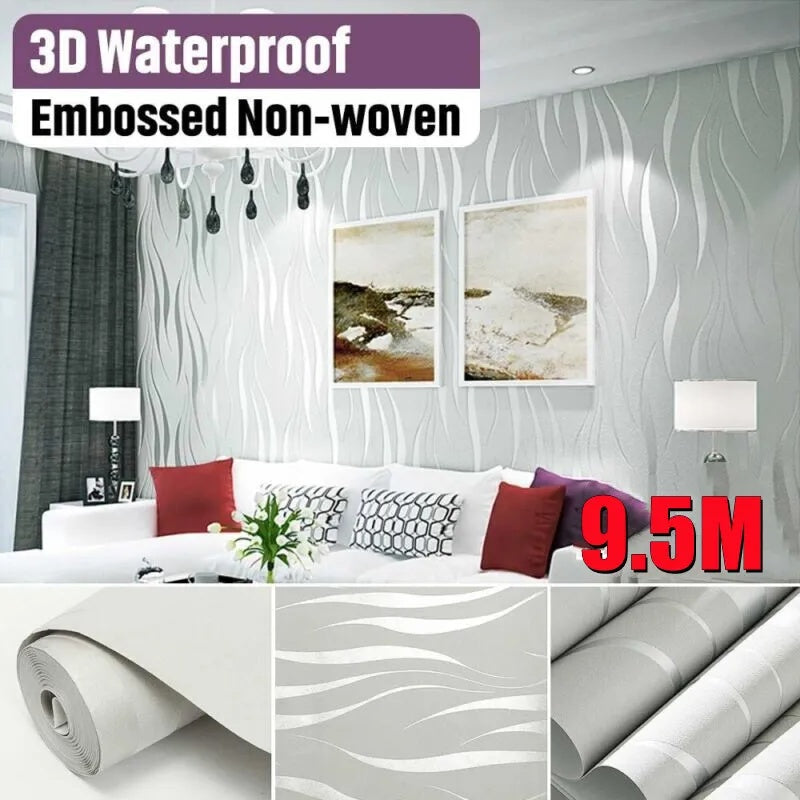 Silbergrau 3D geprägte Wellentapete Vlies Wohnzimmer Wanddekor