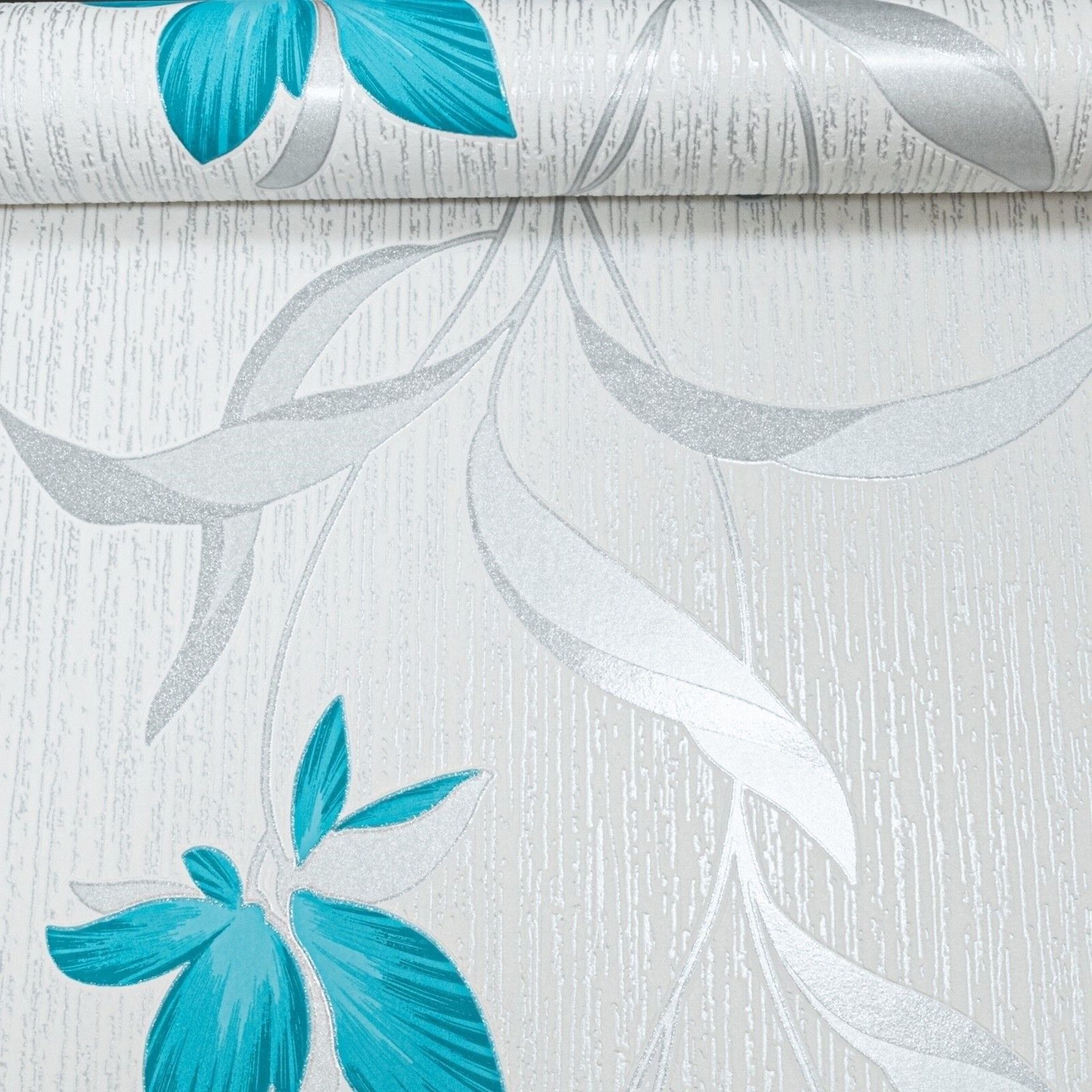Silver Teal Floral Wallpaper – White Metallic Glitter Textured Roll by Erismann for Living Room & Bedroom Decor (10m)