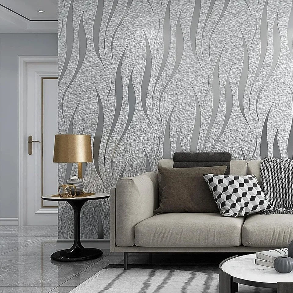Silbergrau 3D geprägte Wellentapete Vlies Wohnzimmer Wanddekor
