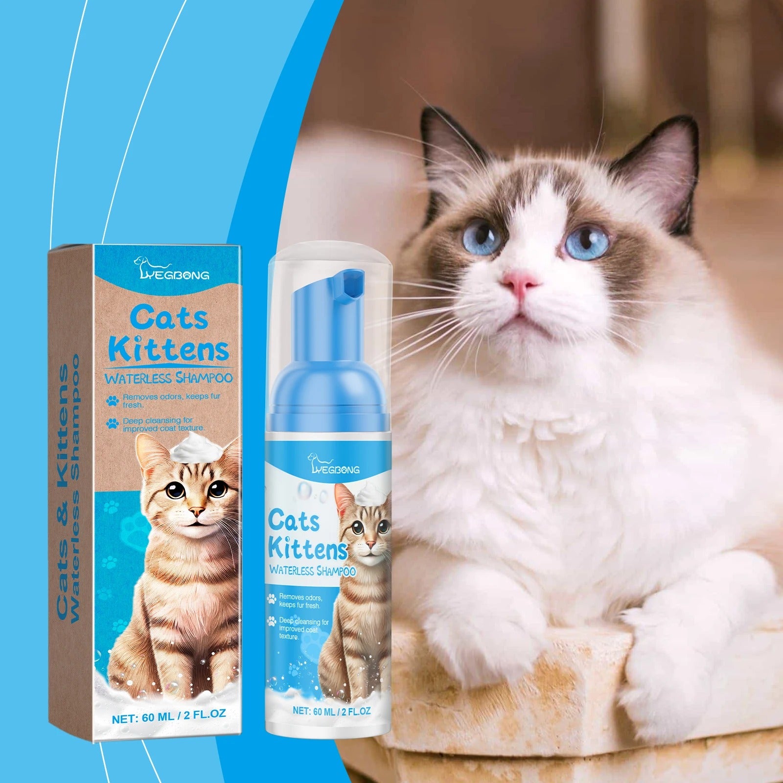 Yegbong 60ML Cat Cleaning Mousse – Mild & Non-Irritating Pet Care Foam, Shampoo & Conditioner for Cats
