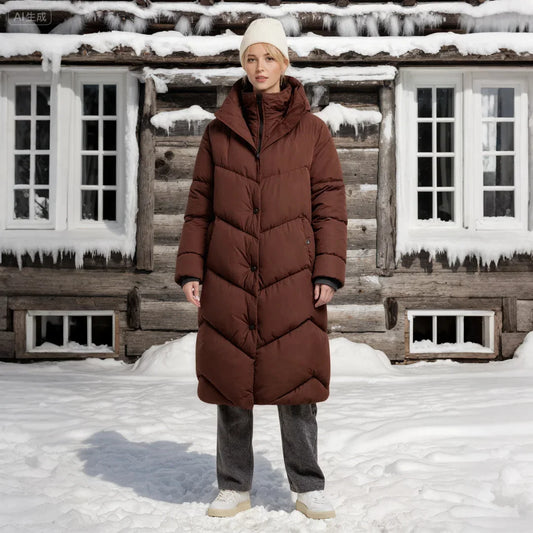 Women’s Sustainable Winter Long Coat – Double Mock Layer Eco-Friendly Warm Jacket with Rain Resistance