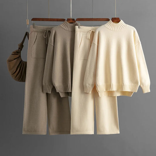 Women’s Winter Casual Knitted Two-Piece Set – Solid Color Sweater Top & Loose-Fit Pants Lounge Outfit