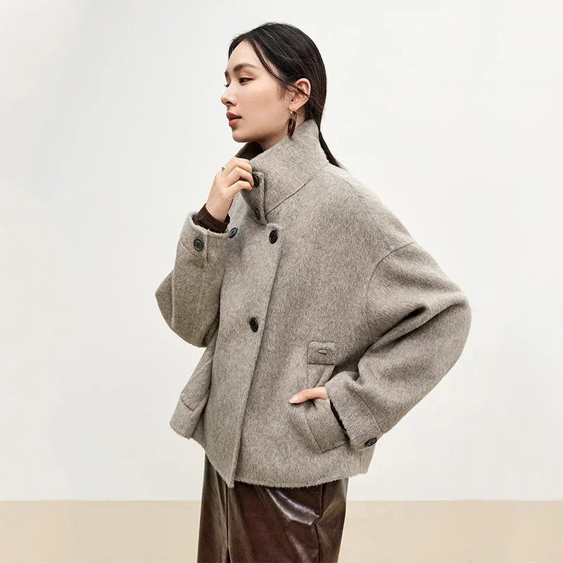 SENTUBILA 100% Wool Coat For Women Winter Jackets 2025 Stand Turtleneck Double Sided Short Outerwears Female Clothes
