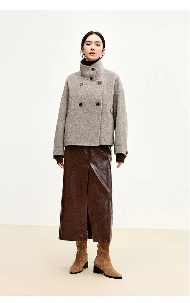 SENTUBILA 100% Wool Coat For Women Winter Jackets 2025 Stand Turtleneck Double Sided Short Outerwears Female Clothes