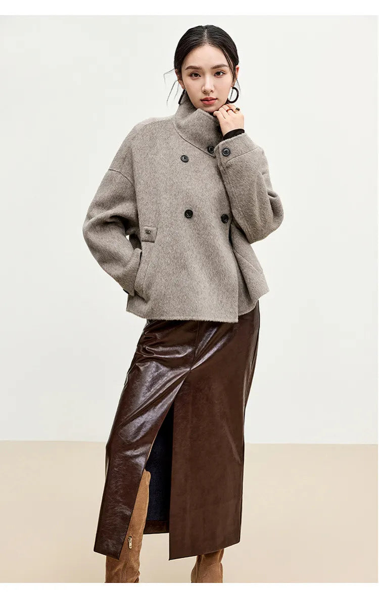 SENTUBILA 100% Wool Coat For Women Winter Jackets 2025 Stand Turtleneck Double Sided Short Outerwears Female Clothes