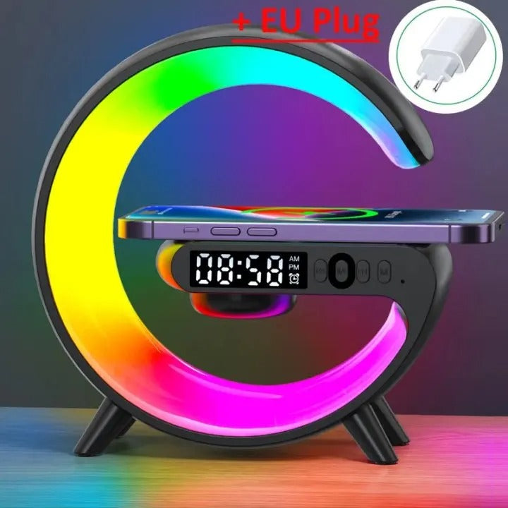 Multifunction Wireless Charger Stand – RGB Light, Alarm Clock, Speaker, Fast Charging Dock for iPhone, Samsung, Xiaomi