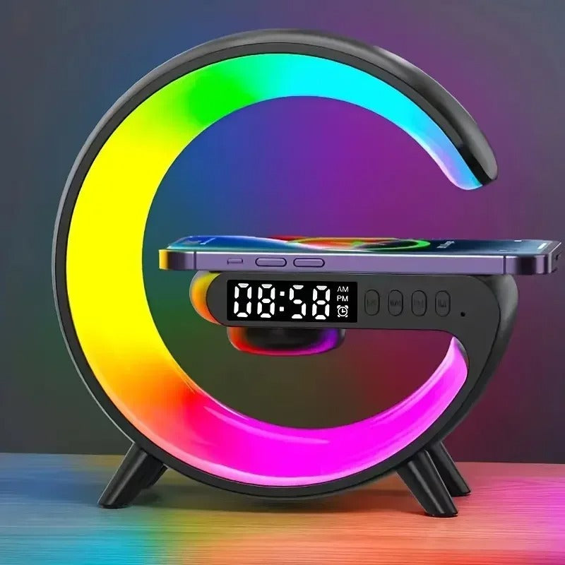 Multifunction Wireless Charger Stand – RGB Light, Alarm Clock, Speaker, Fast Charging Dock for iPhone, Samsung, Xiaomi