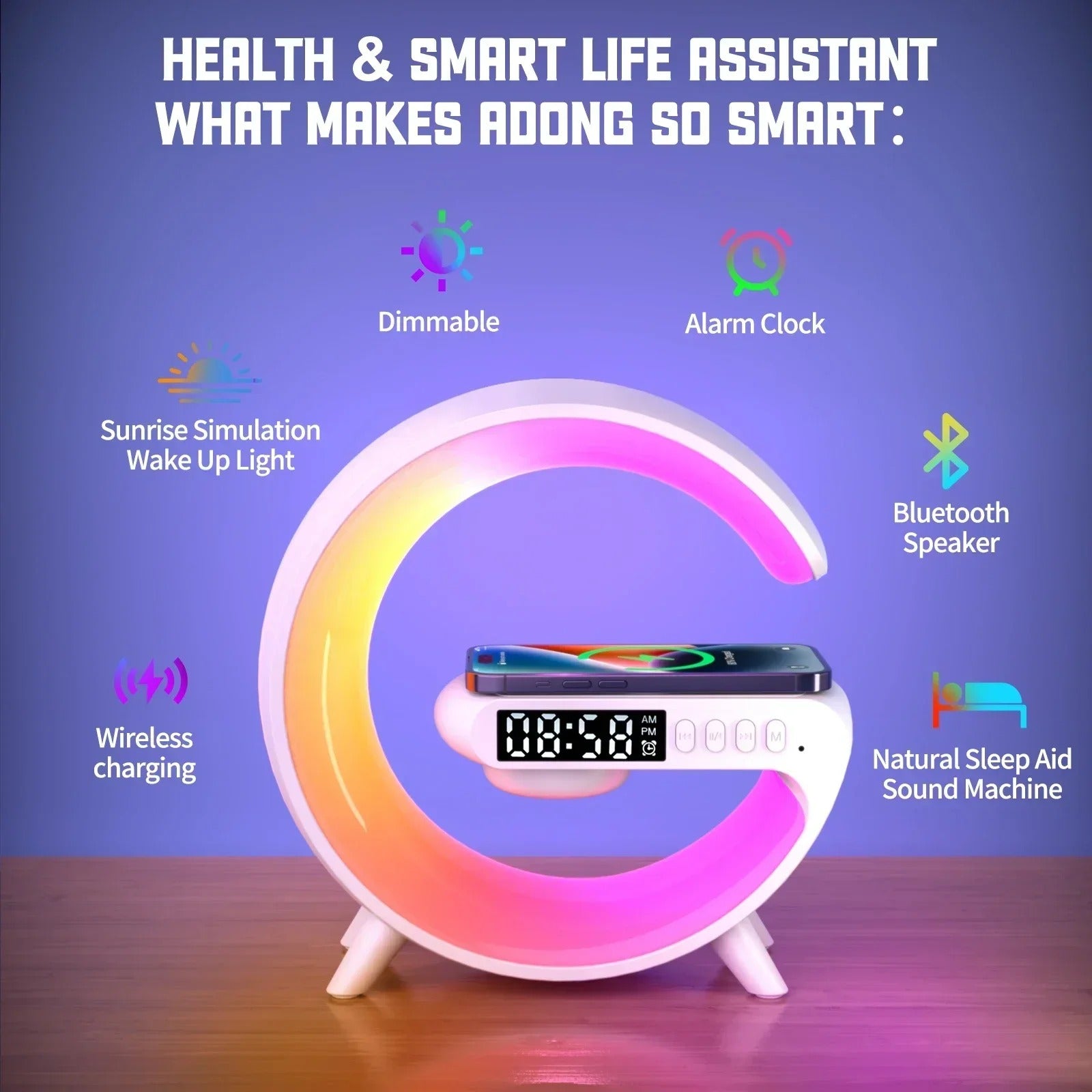 Multifunction Wireless Charger Stand – RGB Light, Alarm Clock, Speaker, Fast Charging Dock for iPhone, Samsung, Xiaomi
