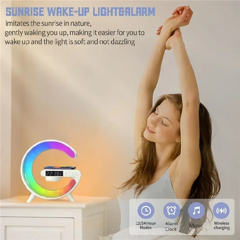 Multifunction Wireless Charger Stand – RGB Light, Alarm Clock, Speaker, Fast Charging Dock for iPhone, Samsung, Xiaomi
