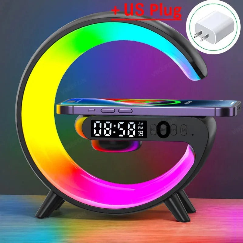 Multifunction Wireless Charger Stand – RGB Light, Alarm Clock, Speaker, Fast Charging Dock for iPhone, Samsung, Xiaomi